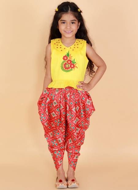 Red And Yellow Colour KID1 Mira Frilly Festive Wear Sleeves Peplum Top with Dhoti Girls Collection K22DG167YERD